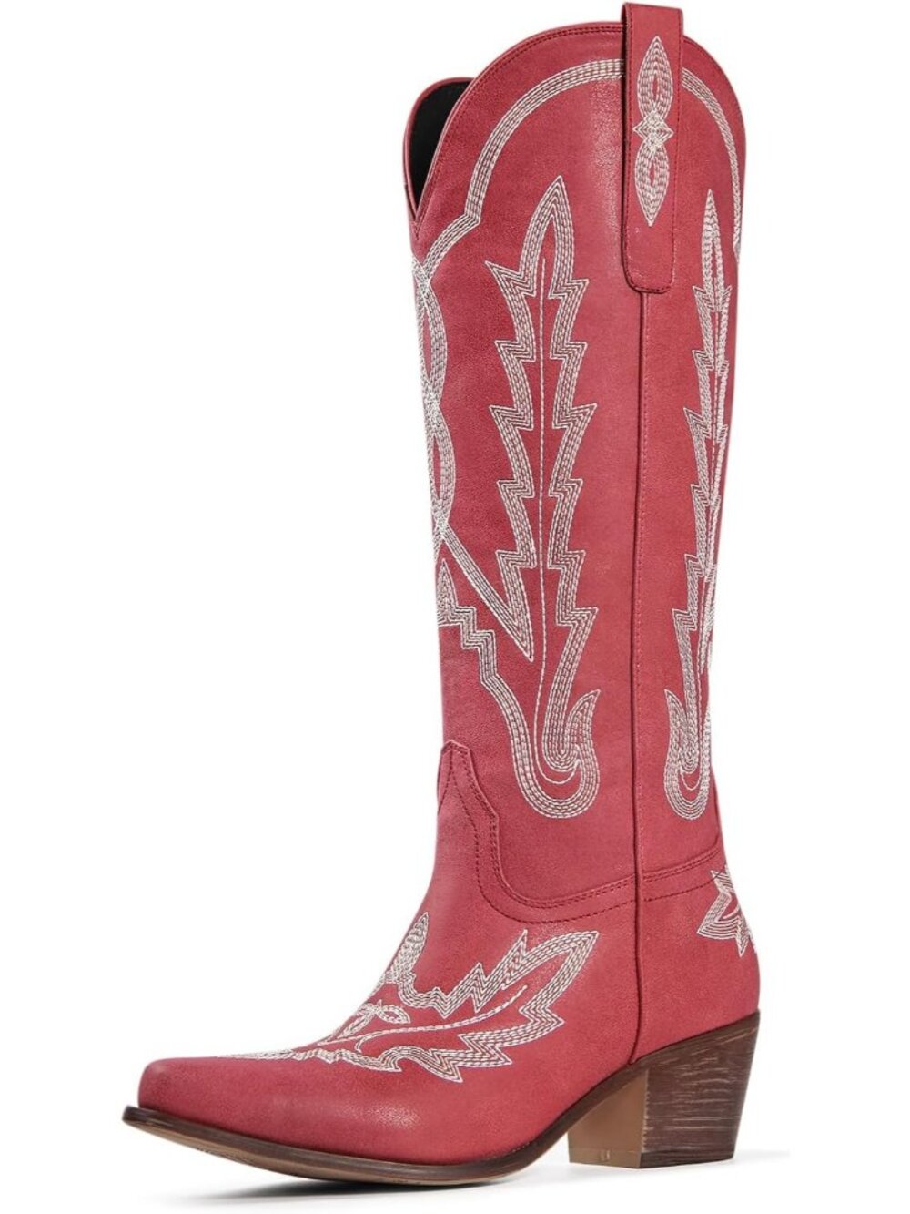 Women's Knee High Red Cowgirl Boots with Embroidered Pull On Pointed Toe